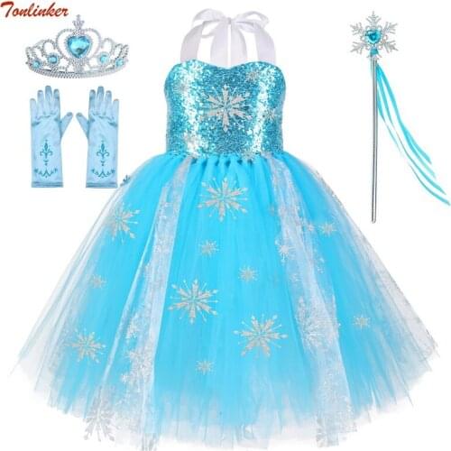 New Blue Snow Queen Costumes For Girls Tutu Dress With Grown Wand Gloves Suit Princess Girls Halloween Birthday Party Dress