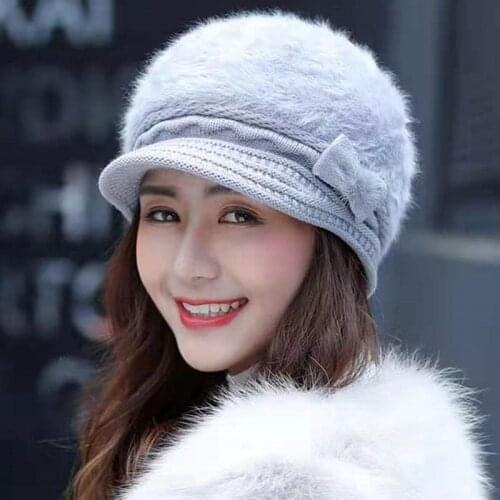 New Womens Hat Female Fashion Winter Hat Bow-Knot Design Rabbit Fur Knitted Hats For Woman Keep Warm Beanie Hat