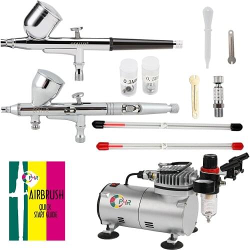 OPHIR 2 PCS Dual Action Airbrush Kit (4 Size Nozzles)Gravity Paint Gun+Filter Compressor Set for Temporary Tattoo#AC089+004+070