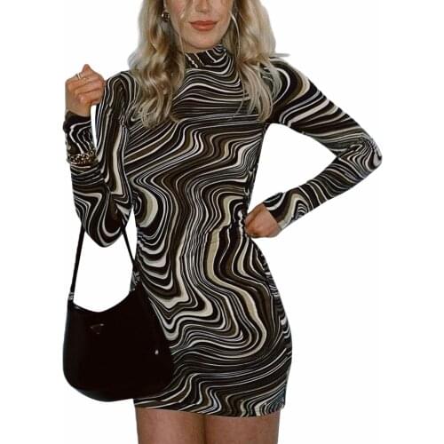 Women Slim Fit Dress, Adults Sexy Ripple Print Long Sleeve Round Neck Backless 1 piece (Brown)