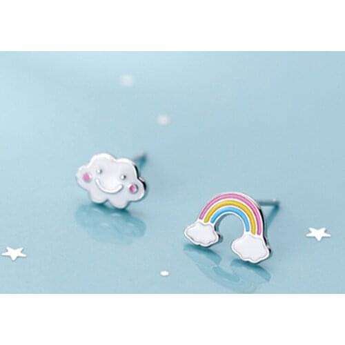 Silver Plated Fashion Sweet Asymmetric Rainbow Cloud Stud Earrings for Girls Jewelry Gifts Lovely Girls Wear Anniversary Gifts