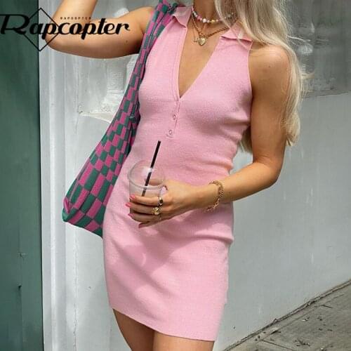 Rapcopter Pink Knitted Mini Dress y2k Aesthetic Tank Mini Dress Turn Down Collar Elegant Short Dress Women Vintage Bodycon Sexy