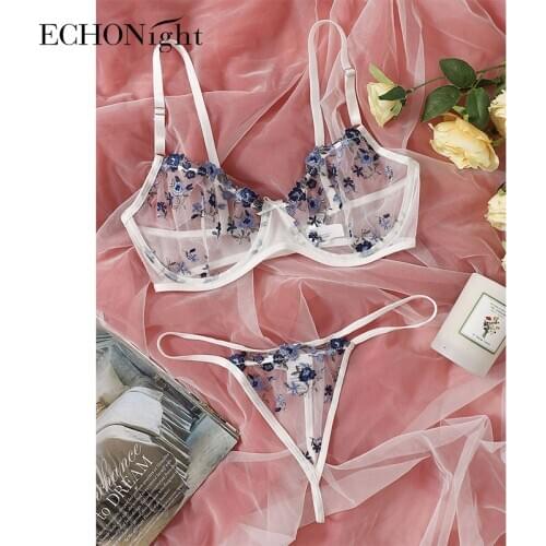 Echonight Sexy Womens Underwear Set Erotic Lingerie Floral Embroidery Bra Set Lace Transparent Female Underwear Set Sexy Things