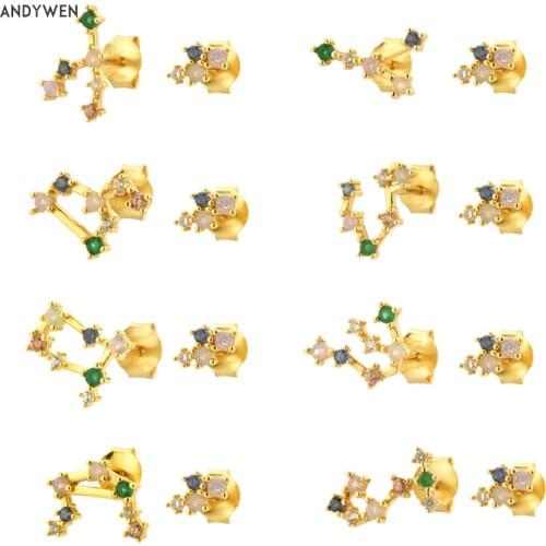 ANDYWEN 925 Sterling Silver Gold Spring Rainbow Line Zodiacs Tiny Stud Earring 12 Types Women Crystal CZ Zricon Fine Jewelry