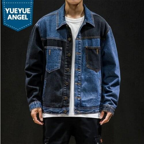 Spliced Denim Jacket Men Japan Style Loose Casual Cargo Jackets Vintage Square Collar Single Breasted Cowboy Coat Male Plus Size
