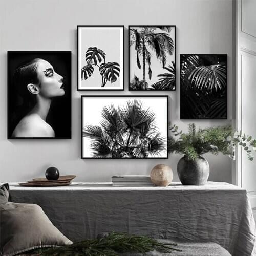 Nordic Style Modern Women Black White Art Poster Scandinavian Canvas Painting Print Picture Leaf Abstract Wall Living Room Decor