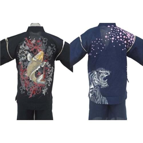 Traditional Japanese Kimono Clothing for Men Thin Cotton Sauna Wear Yukata Sleepwear KOI Ukiyo-e Print Short Sleeve Pajamas Set