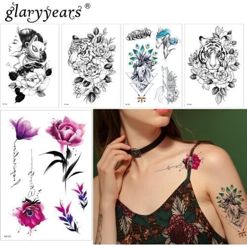 Glaryyears 15*21cm Tiger And Flower Makeup Temporary Tattoo Sticker Fake Flash Waterproof Fashion Small Body Art Men Women 1 Pc