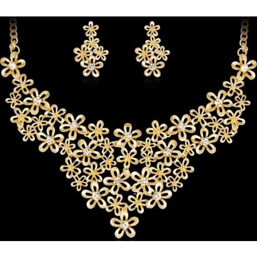 Gold Flower Jewelry Sets Bridal Wedding Zircon Crystal Necklace Earrings For Women Elegant Party gifts Accessories