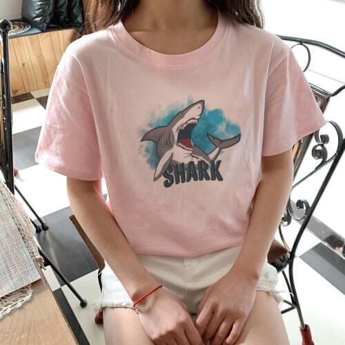 Shark Japanese Style Women T-shirts Sunset Over The Sea Printing Harajuku Prink O-neck Tops Korean Tshirt Summer 2020 Clothes