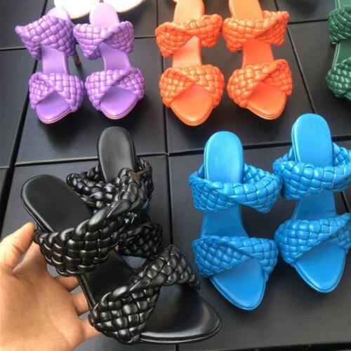 Summer European Catwalk New High-heeled Leather Woven Slippers Large Size Fashion Personality Color Female Sandals And Slippers
