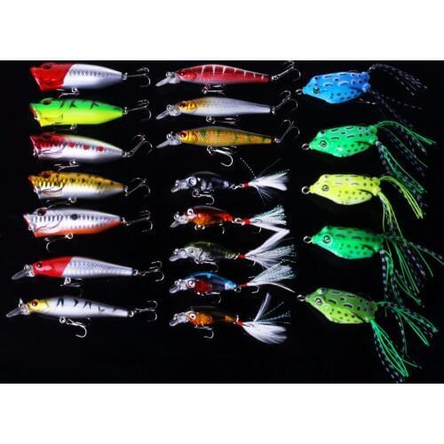 20PCS Mixed Fishing Lure Set Kit Frog Lure Popper Crankbait Minnow Hard Bait 4.5CM-8CM 4G-13G Artificial Bait Fishing Wobblers