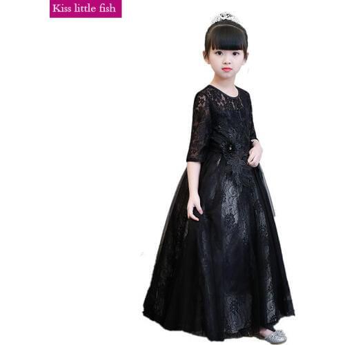Free Shipping Black Lace Ankle-Length O-Neck First Communion Party Decorations Girls Dresses for Party and Wedding