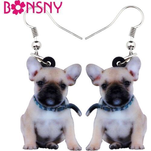 Bonsny Acrylic Cute Sitting Belt French Bulldog Dog Earrings Big Long Dangle Drop Women Girls Ladies Fashion Anime Jewelry Bulk