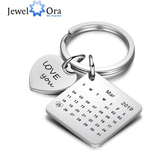 Personalized Engraving & Date Keychains for Ladies Stainless Steel Custom Calendar Keyring with Heart Valentines Day Gift