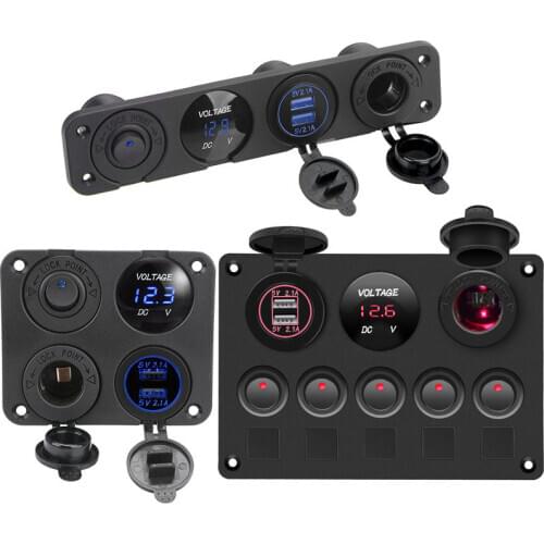 Digital Voltmeter 12V Switch Panel Power Socket Dual USB Port Waterproof Socket Cigarette Lighter with Rocker Switch