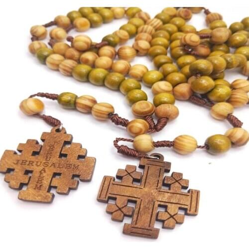 Wooden Beads Weaving Jerusalem Religious Catholic Jewelry Cross Jesus Necklace Rosary Necklace