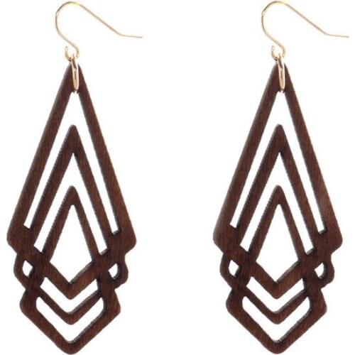 Multi Layer Rhombus Design Wood Earrings Geometric 3D Design Elegant Dangle Earrings Women Vintage Fashion Party Jewelry Gift