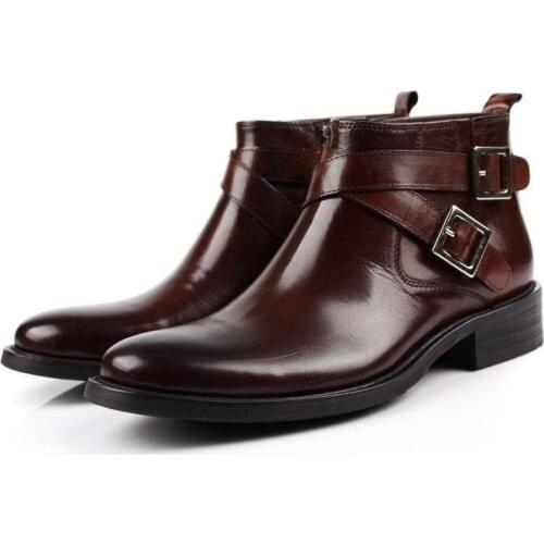 New Genuine Cow Leather Ankle Boots Men Business Dress Work Boots Mens Trendy Buckle Round-Toe Zip Short Boots Size 38-44