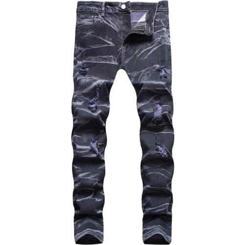 KIOVNO Men Hip Hop Ripped Jeans Straight Tie Dye Streetwear Denim Trousers For Male Washed Stretch Fit