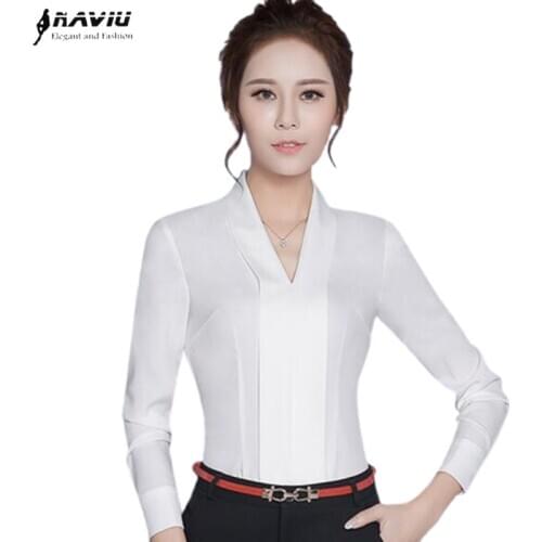 New Temperament V-Neck Long Sleeve White Shirt Women Eleangt Formal Slim Chiffon Blouse Office Ladies Work Wear Tops