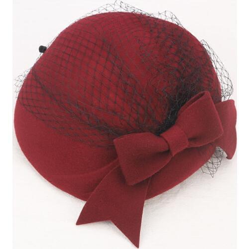 Girls Fedoras Hat Female Wool Veil Cap Lady Autumn Winter British Antique Bow Tie Berets Elegant Wool Painter Hat Adjust B8955