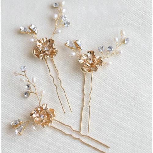 Pearl Crystal U Shape Hairpin Gold Flower Bridal Wedding Hair Accessories