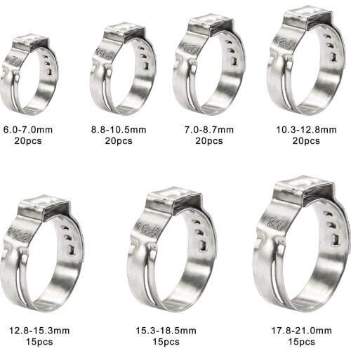 125pcs 304 Stainless Steel Single Ear Stepless Hose Clamps Clamp Assortment Kit Crimp Pinch Rings for Securing Pipe Hoses