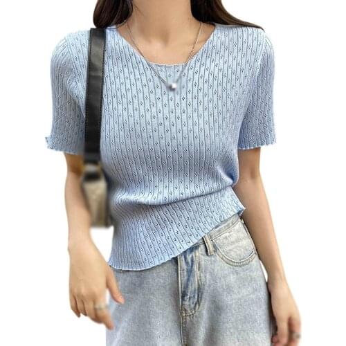 Women Short Slim-fit Outer Short-sleeved Tshirt Round-neck Sexy Hollow Knitted Summer Tee Top