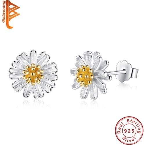 BELAWANG Real 925 Sterling Silver Fresh Little Daisy Stud Earrings For Women Fashion Jewelry Party Gift INS Style
