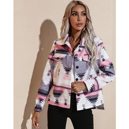 Ladies Button Cardigan Long Sleeve Geometric Pattern Lapel Jacket Adult Printed Jacket 2021 Fall Casual High Street Personality