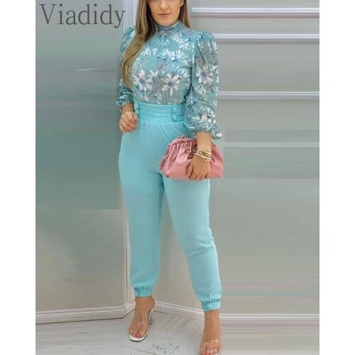 Women Elegant Floral Print Long Sleeve Blouse and High Waist Pencil Pants Suit 2pcs Sets