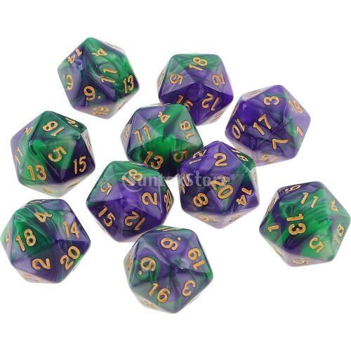 10pcs 20 Sided Dice D20 Polyhedral Dice for Dungeons and Dragons Table Games Green Purple