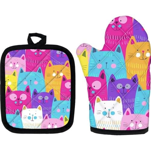 2Pcs Microwave Oven Gloves Heat Resistant Cute Cartoon Cats 3D Print Kitchen Gloves For Cooking Oven Mitts And Pot Holders Sets