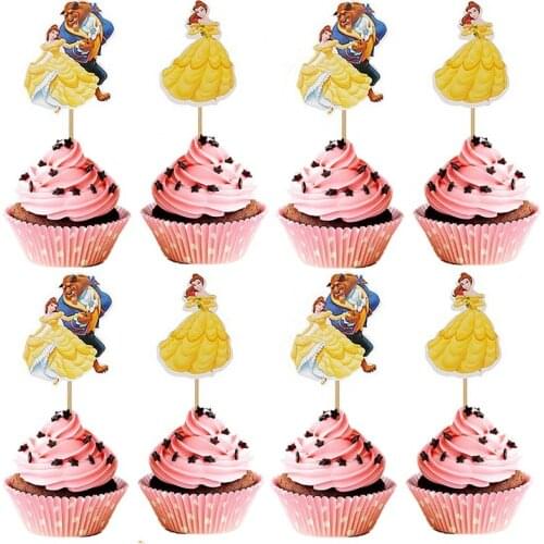 Cartoon Beauty and the Beast Theme Princess Belle Baking Cupcake Insert Card Decoration Toothpicks 24pcs Toppers Party Supplies