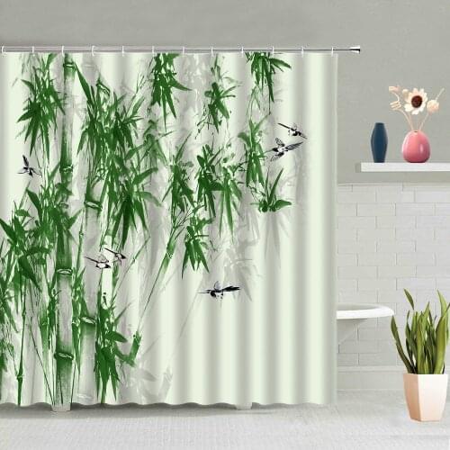 Bamboo Shower Curtain Leaves Plant Zen Stone Bird Simple Bathroom Bathtub Decoration Screen Washable With Hook Hanging Curtains