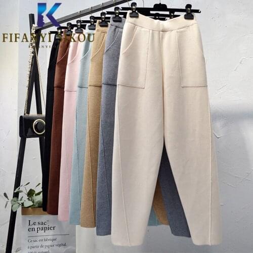High Quality Knit Sweatpants Women Fashion Pocket High Elastic Long Trousers Female Autumn Winter Loose High waist Harem Pants