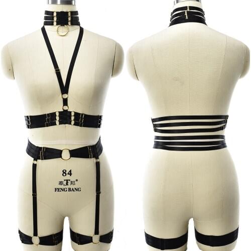 JLX.HARNESS Neck Gold Color Ring Cage Bra Black Goth Sexy Lingerie Leg Harness Garter Belt Women Full Bondage Body Harness Set