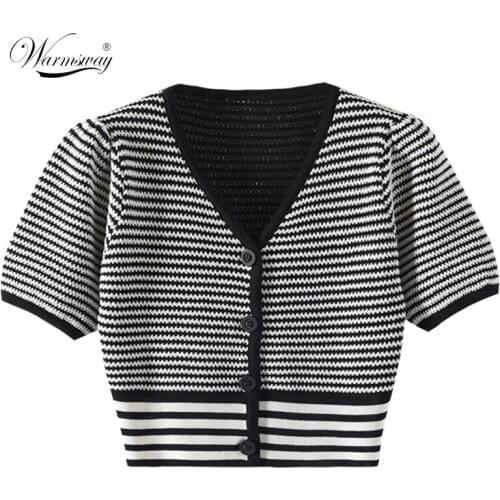 Black Striped Spliced Knitting T shirt Loose Fit V-Neck Short Sleeve Women Fashion Spring Summer 2021 Cardigan Sweater B-089