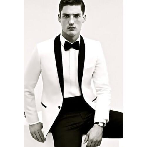 Black Shawl Lapel (Jacket+Pants+tie) Mens Suits White Jacket Black Pants 2 Pieces Best Men Suits Wedding Suit Groom Tuxedos
