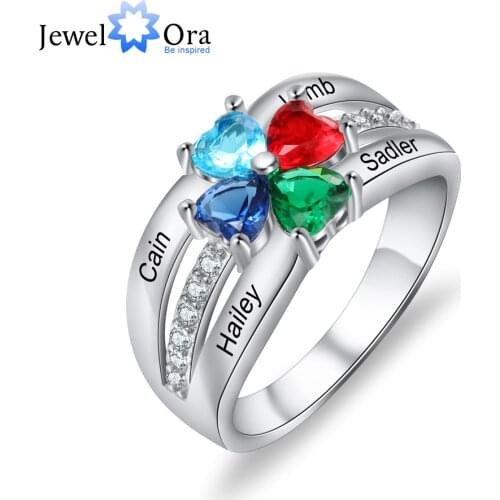 JewelOra Personalized 925 Sterling Silver Mothers Ring with 4 Heart Birthstones Custom Family Name Engraved Ring Gifts for Mom