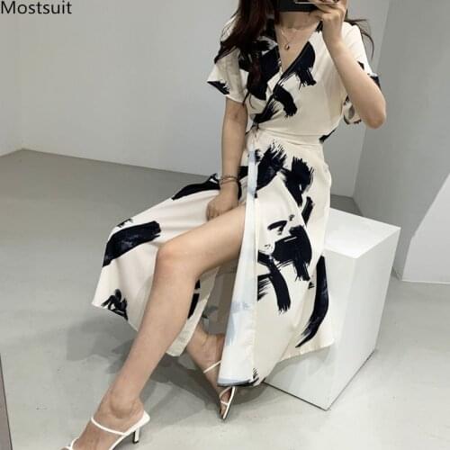 Summer Sexy Dress Women Short Sleele Water Ink Printed One Piece Dress Korean Lace Up V-neck Slim Party Dresses Robe Female