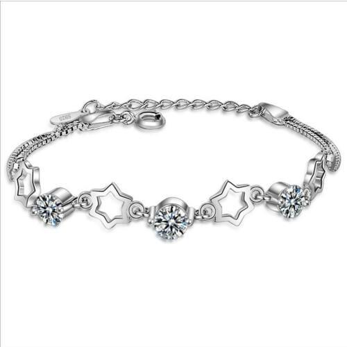 TJP Trendy Clear Crystal Star Women Bracelets Jewelry Charm 925 Sterling Silver Bracelets Bangles For Girl Lady Accessories Gift