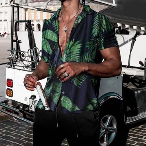 Men Lapel Leaf Print Shirt Single-breatsed Short Sleeve Buttons Hawaiian T-Shirt Breathable All Match Male Tops for Club