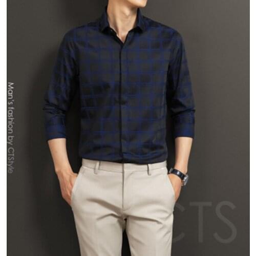 Spring and autumn mens plaid long-sleeved shirt business casual Slim shirt free ironing dress cotton black and white tide mens