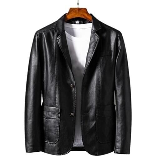 Mens Suit Coat Faux Leather Turn-down Collar Cardigan Solid Color Men Formal Jacket for Meeting