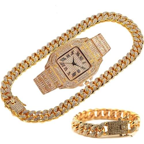 Iced Out Watch Set Bling Miami Cuban Link Chain Rhinestone Iced Out Chain Necklaces Bracelets Watches Men Jewelry Hip Hop Choker