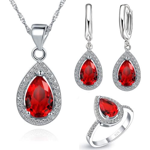 Red Crystal Wedding Jewelry Sets Water Drop Cubic Zirconia Stone 925 Sterling Silver Earrings Necklaces Finger Rings 6789