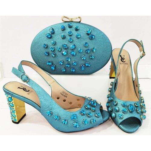 2021 Arican New Arrival Speical Narrow Band and Cross Style Italian Design Ladies Shoes and Bag Set in Blue Color for Party