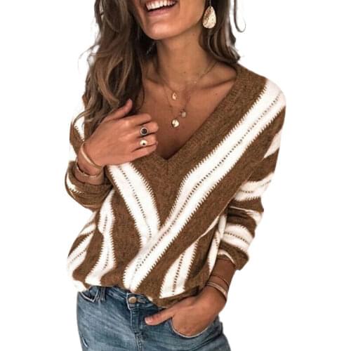 Autumn Women Sweater Fashion V-Neck Long Sleeve Sweater OL Loose Knit Jumper Tops Striped Ladies Sweaters Casual Pullovers